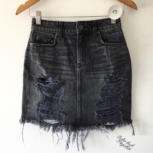 LF Skirts Carmar Black Wash Distressed High Rise Denim Skirt